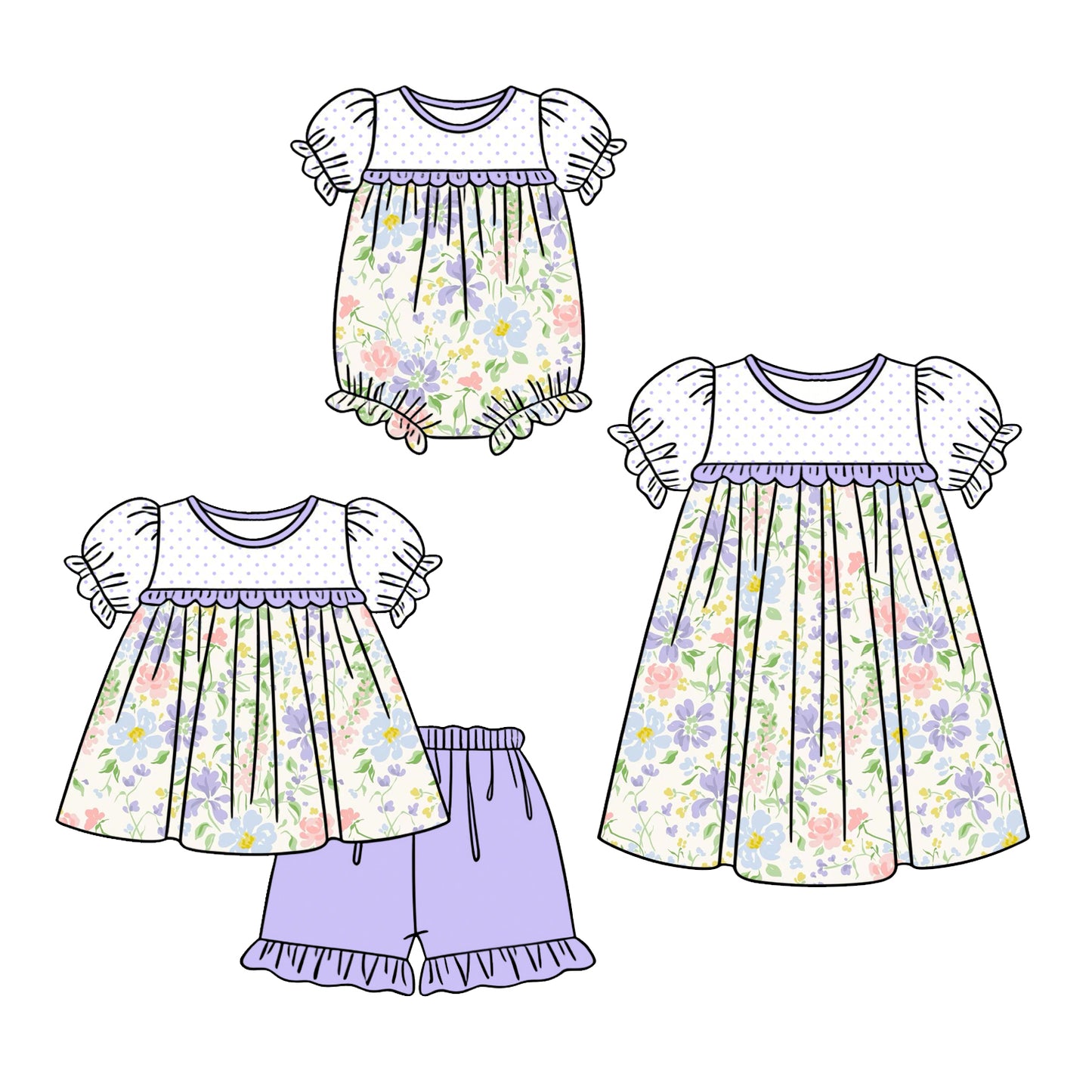 ( Moq 5 Each Style ) Baby Girls Kids Short Sleeves Flower Purple Ruffle Sibling Romper Dress Set Clothes