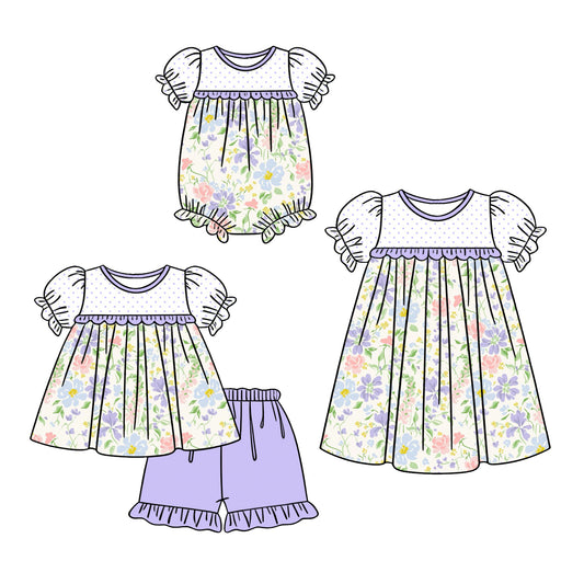 ( Moq 5 Each Style ) Baby Girls Kids Short Sleeves Flower Purple Ruffle Sibling Romper Dress Set Clothes