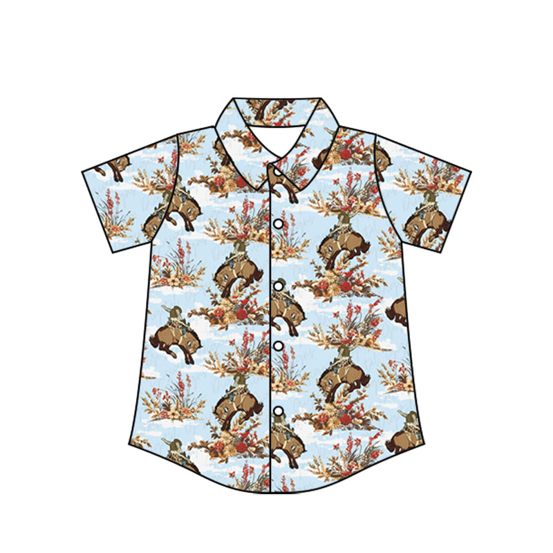 ( Moq 5 ) Baby Boy Short Sleeves Western Horse Rodeos Button Shirt Tops