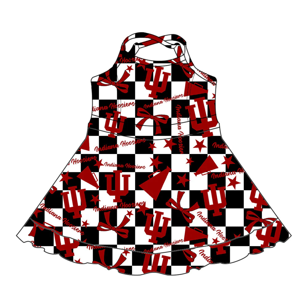( Moq 5 each style ) Baby Girl Toddler  Team Red Bows Cheer Sibling Checked Dress Set 6.30
