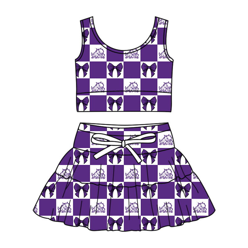 ( Moq 5 ) Baby Girls Kids Frog Bows Purple Checked Tops Shorts Skirt Team Set