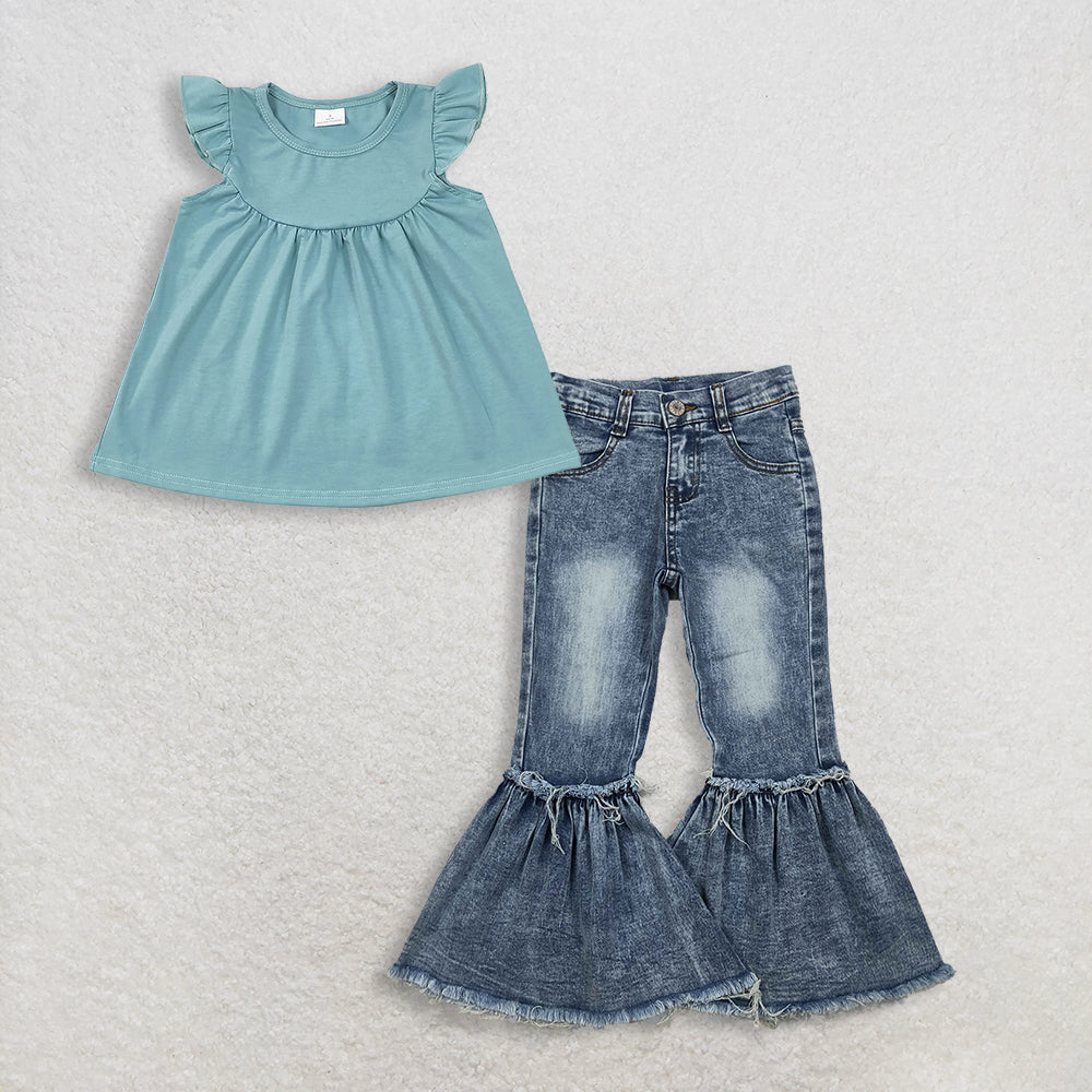 Baby Girls Kids Green Short Sleeves Cotton Tunic Denim Jeans Bell Pants Set RTS