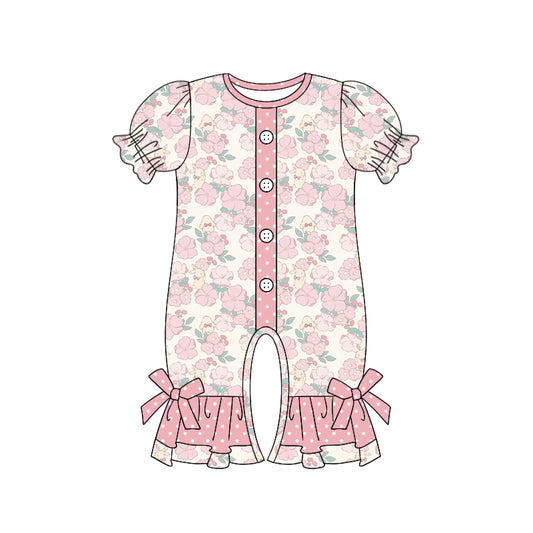 Baby Girl Infant Short Sleeves Flower Ruffle Buttons Romper