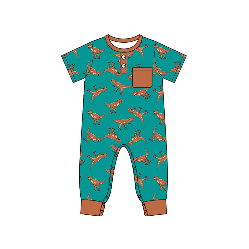 Baby Boy Infant Short Sleeves Dinosaurs Pocket Buttons Romper Moq 5