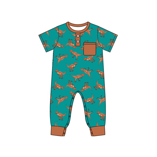 Baby Boy Infant Short Sleeves Dinosaurs Pocket Buttons Romper Moq 5