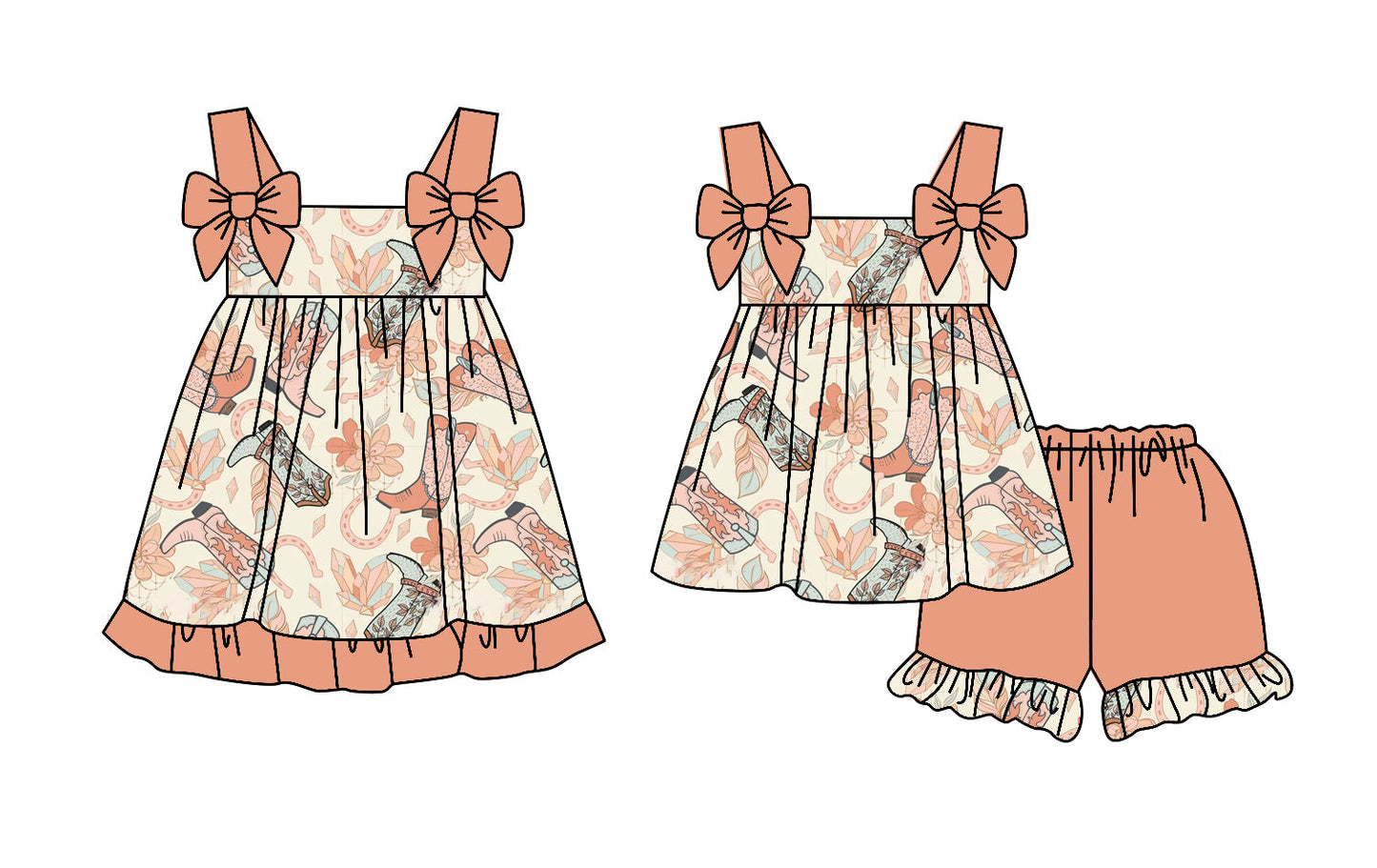 Baby Girl Flower Western Boots Bows  Sibling Dress Set ( Moq 5 Each Style ) 2.24