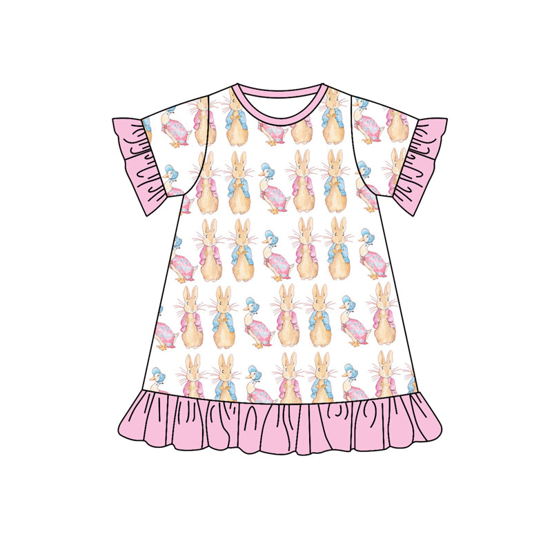 Baby Girl Short Sleeves Easter Rabbit Pink Ruffle Knee Length Dress Moq 5