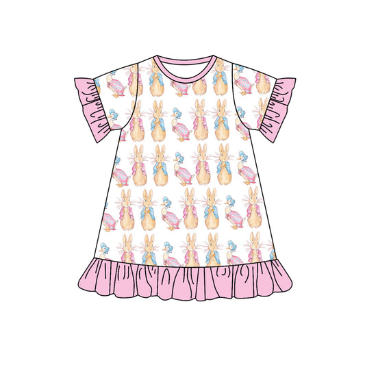 Baby Girl Short Sleeves Easter Rabbit Pink Ruffle Knee Length Dress Moq 5