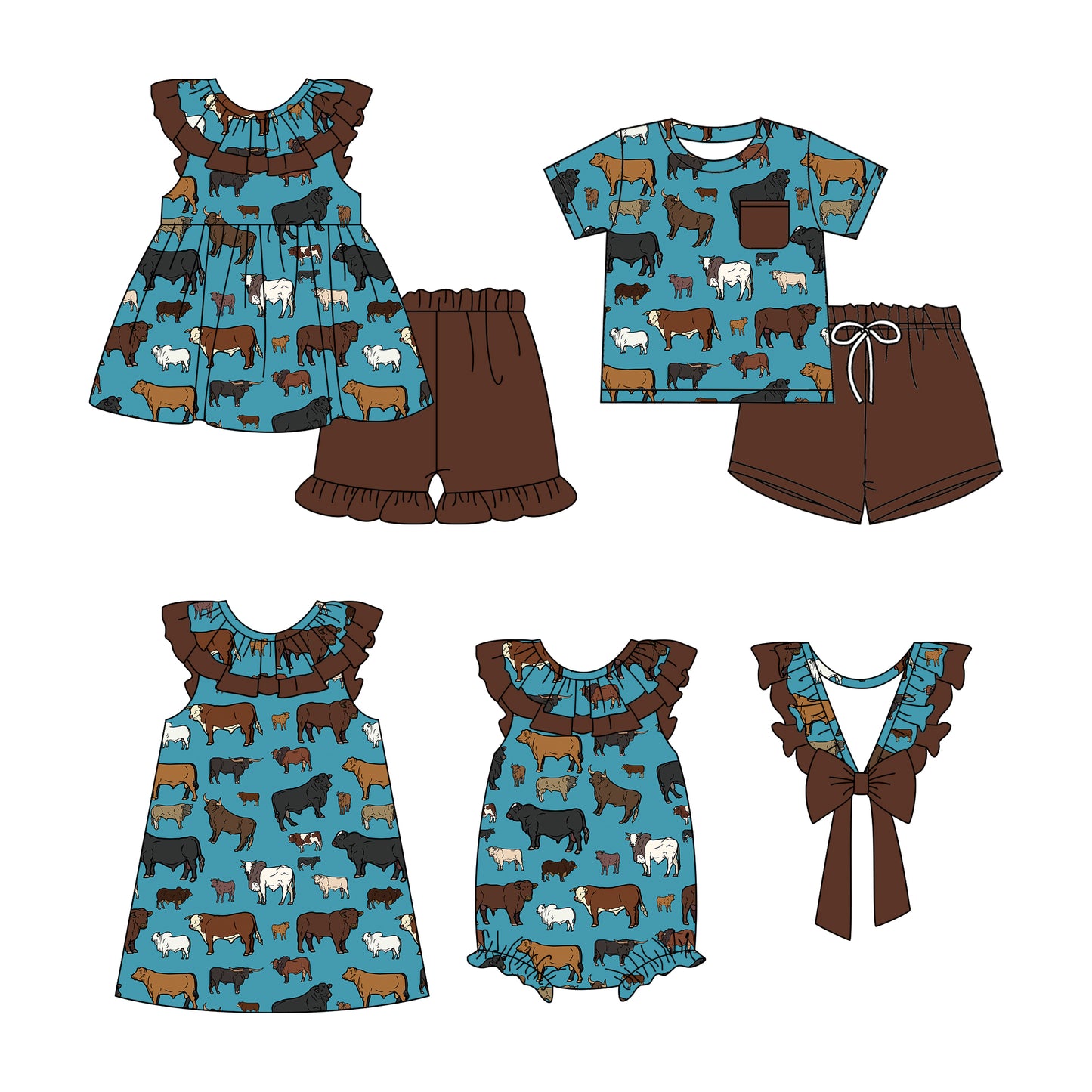 Baby Boy Girl Short Sleeves Sibling Cow Dress Romper Clothes Set ( Moq 5 Each style ) 11.28
