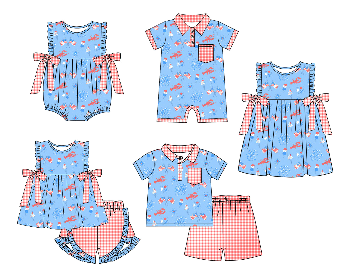 Baby Boy Girl July 4th Crawfish Flags Sibling Dress Romper Clothes Set ( Moq 5 Each style )