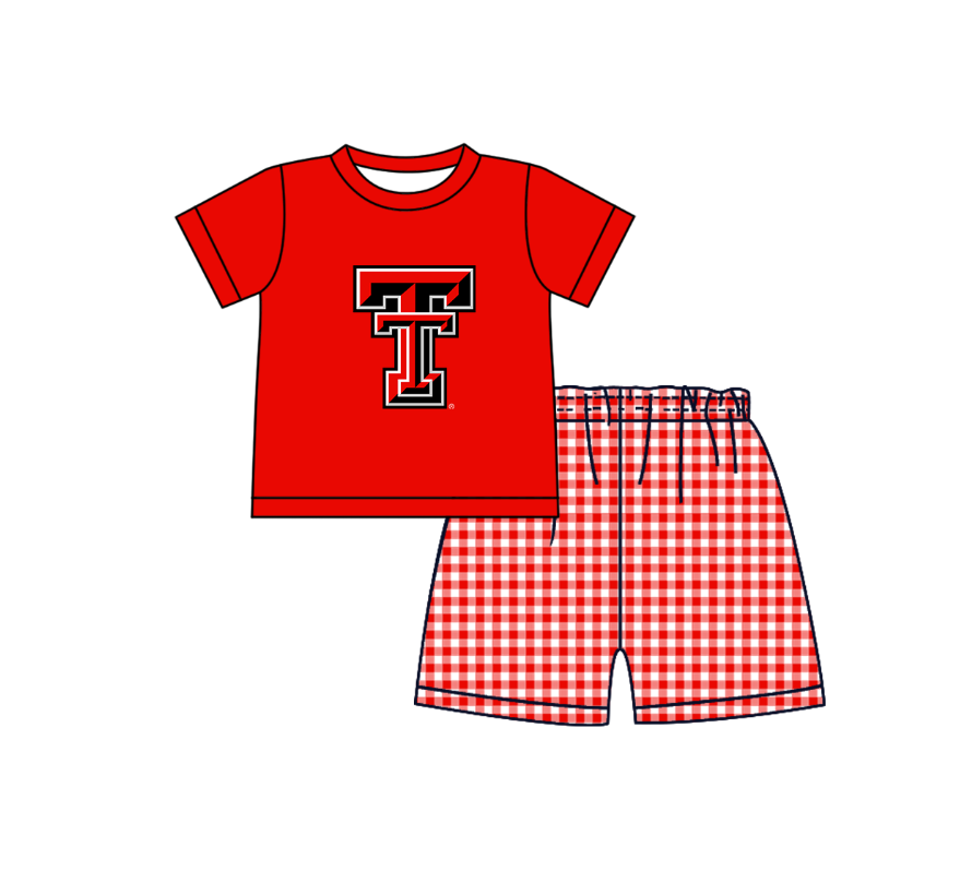 ( Moq 5 ) Baby Boys Toddler Short Sleeves TT Shirt Red Plaid Shorts Team Summer Set