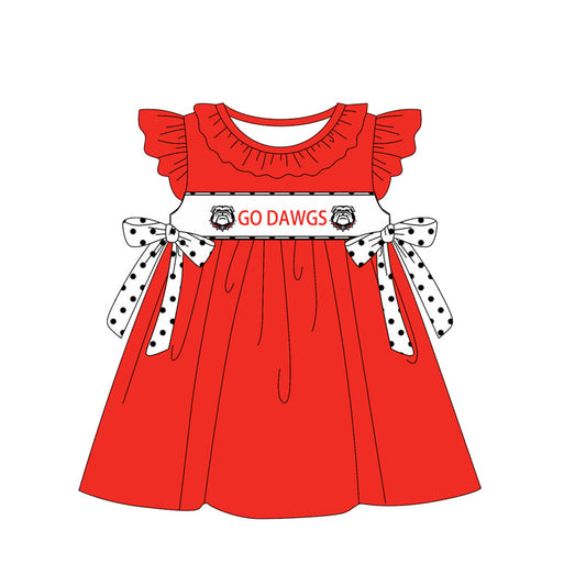 Baby Girl Short Sleeves Team Dogs Bows Knee Length Red Dress Moq 5