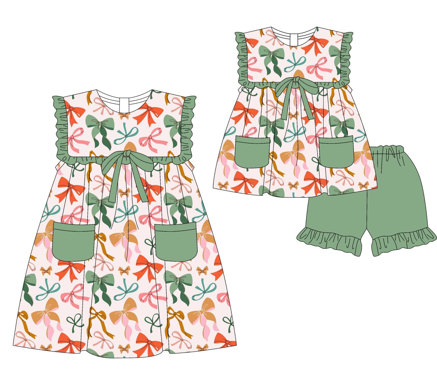 ( Moq 5 Each Style ) Baby Girl Short Sleeves Pockets Bows Sibling Dress Set 3.29