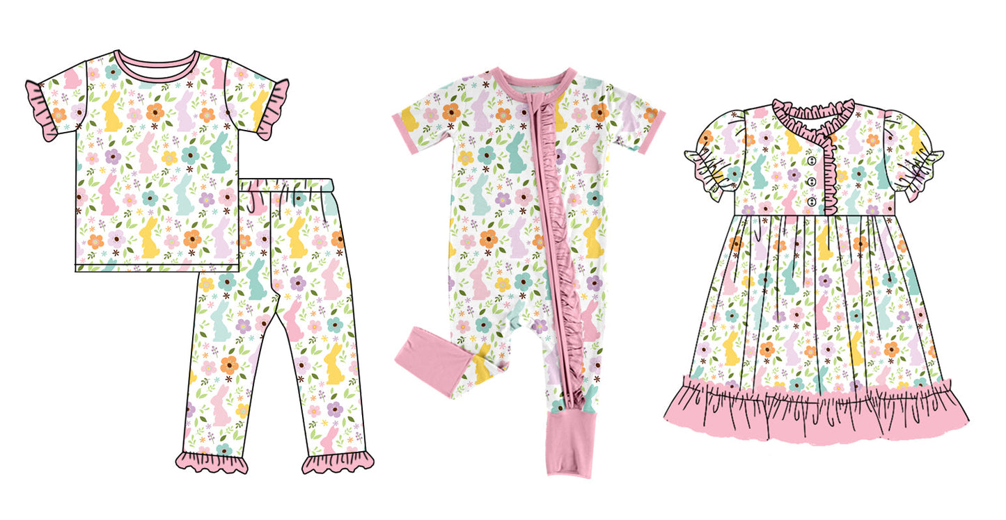 Baby Girl Short Sleeves Easter Flower Rabbits Sibling Romper Dress Set ( Moq 5 Each Design ) 12.11