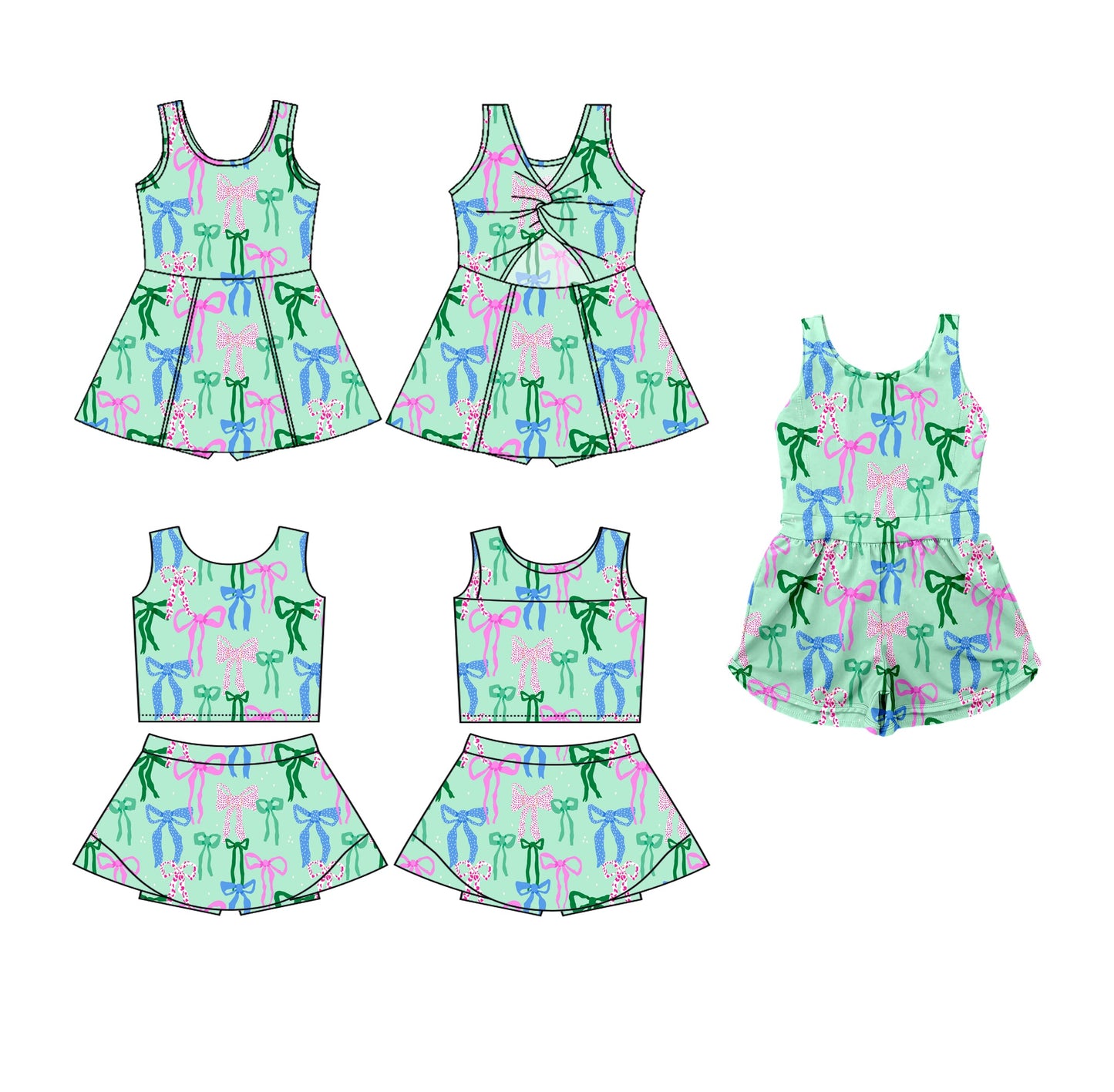 Baby Girl Sleeveless Bows Sibling Green Jumpsuit Dress Set ( Moq 5 Each Style ) 3.19