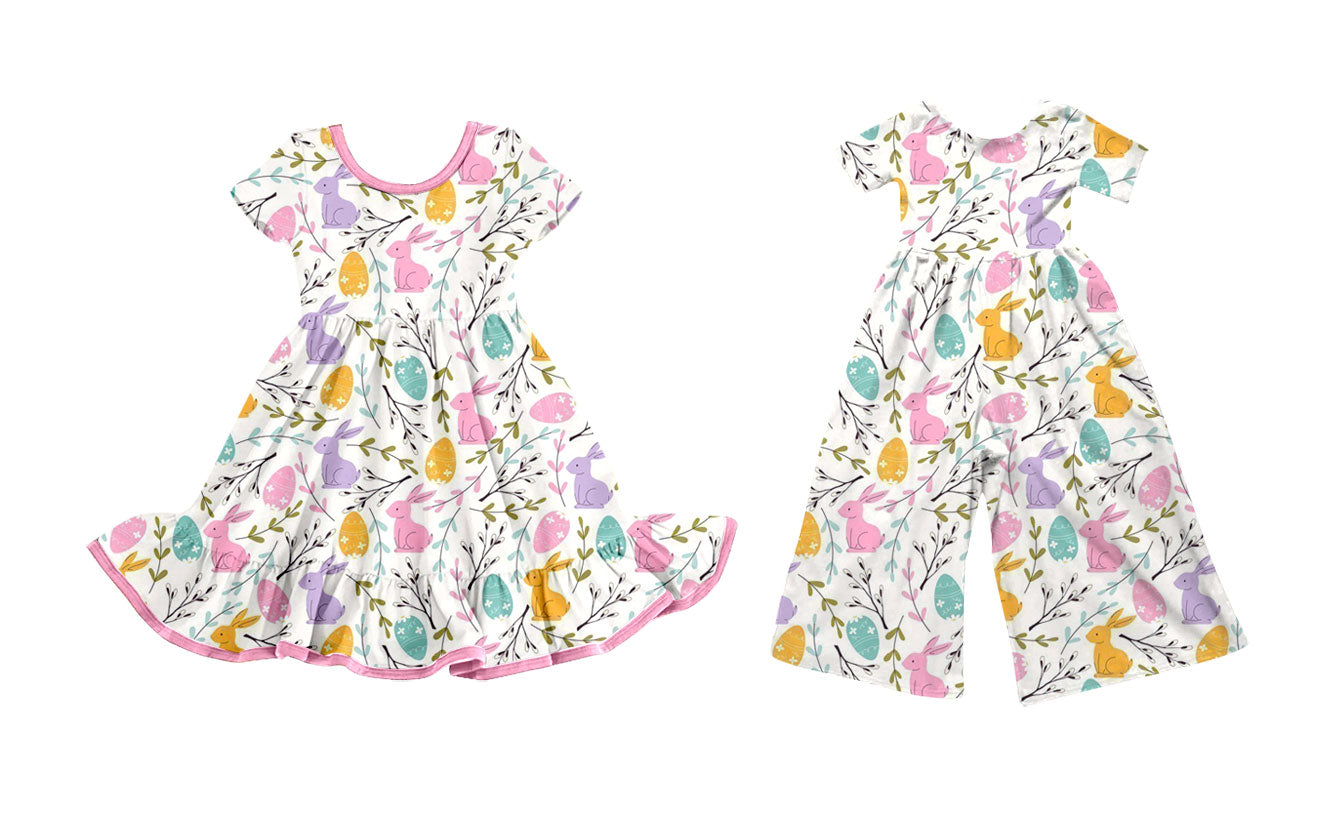 ( Moq 5 Each Style ) Girls Toddler Rabbits Eggs Easter Sibling Dress Jumpsuit