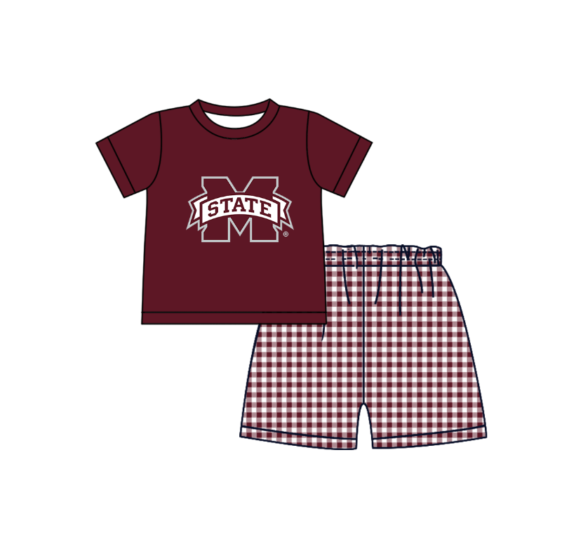 ( Moq 5 ) Baby Boys Toddler Short Sleeves M State Shirt Plaid Shorts Team Summer Set