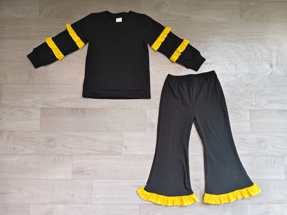 ( No moq ) Preorder Baby Girls Kids Yellow Ruffle Long Sleeves Shirt Pockets Pants Cotton Set Black Clothes