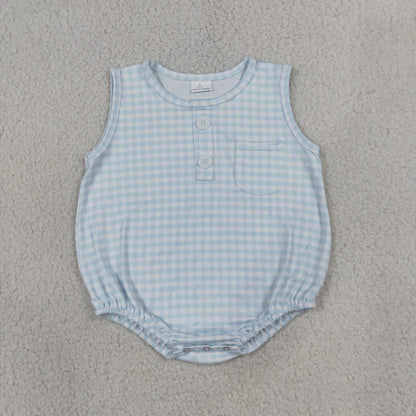 Sibling Baby Boy Infant Sleeveless Plaid Pockets Summer Bubble Rompers Clothes RTS