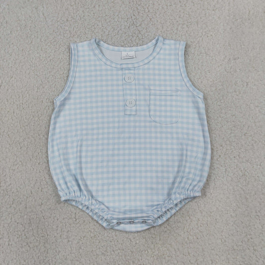 Baby Boy Infant Sleeveless Light Blue Plaid Pocket Summer Bubble Romper RTS