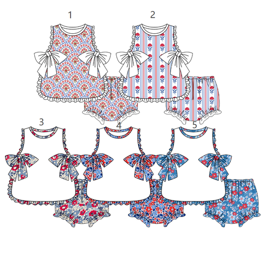 ( Moq 5 each style ) Baby Girls Kids 4th of July Bows Tops Bummie Shorts Sibling Clothes Sets