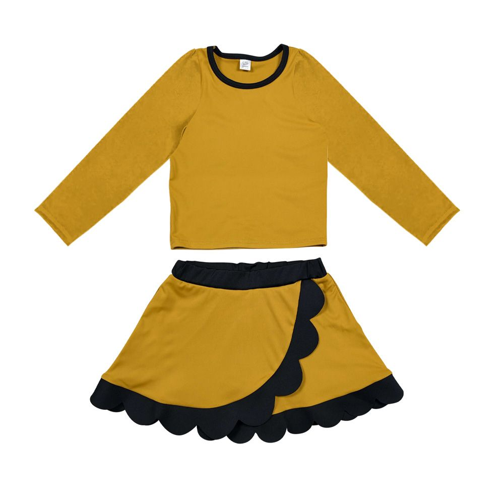 ( Moq 5 ) Preorder Baby Girls Kids Gold Shirt Scalloped Skirt Shorts Set Yoga Active Clothes