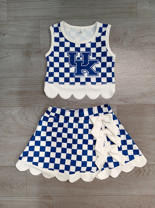 ( No moq ) Preorder Baby Girls Kids Blue Checked Shirt Scallop Bows Skirt Shorts Team Set Yoga Active Clothes