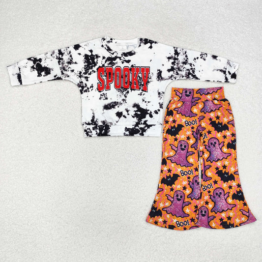 Baby Girl Long Sleeves Halloween Tie Dye Spooky Shirt Ghost Bell Pants Clothes Set