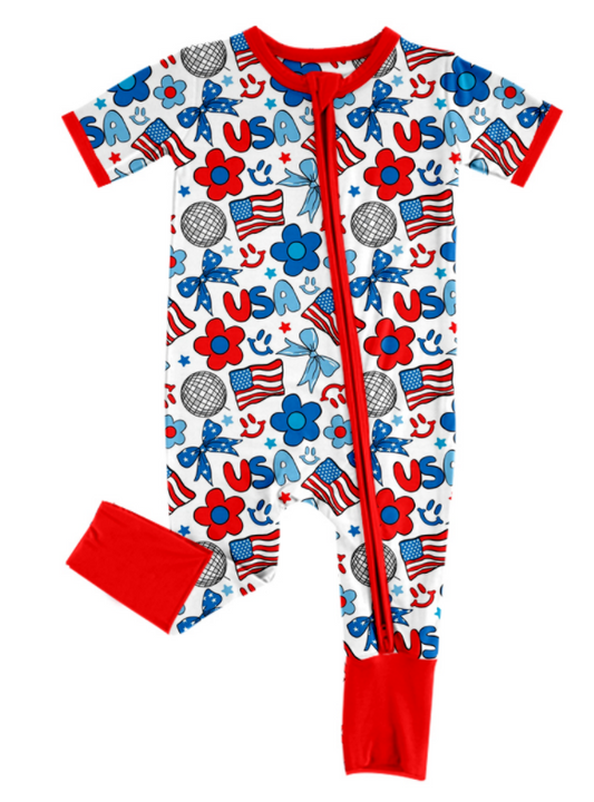 Baby Girl Short Sleeves July 4th Flower Flags Romper Moq 5