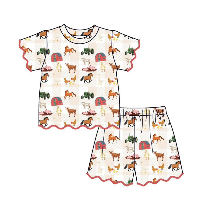 ( Moq 5 ) Preorder Baby Girl Kids Short Sleeves Farm Animals Shirt Shorts Set Scallop Clothes