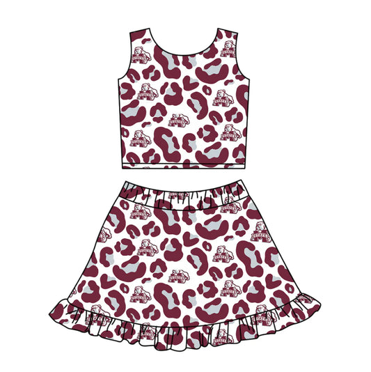 ( Moq 5 ) Baby Girls Kids Sleeveless Dark Red Leopard Dogs Football Tops Shorts Skirt Team Clothes Set