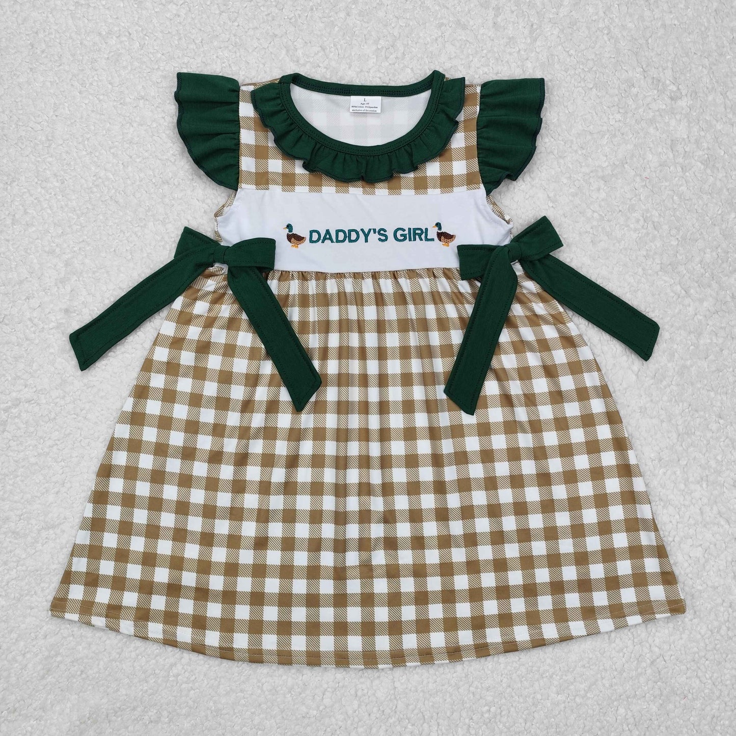 Baby Kids Short Sleeves Embroidery Daddy's Girl Ducks Bows Knee Length Plaid Dress