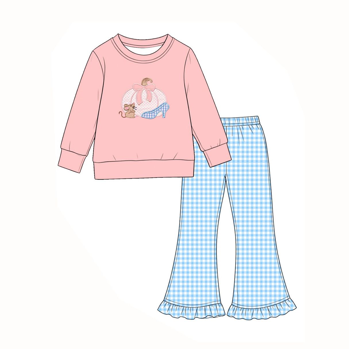 ( Moq 5 ) Preorder Baby Girls Kids Pumpkin Bows Tops Blue Plaid Ruffle Pants Set Fall Clothes