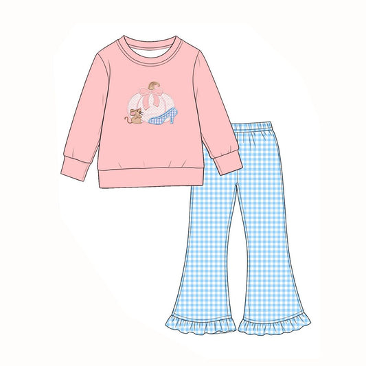 ( Moq 5 ) Preorder Baby Girls Kids Pumpkin Bows Tops Blue Plaid Ruffle Pants Set Fall Clothes