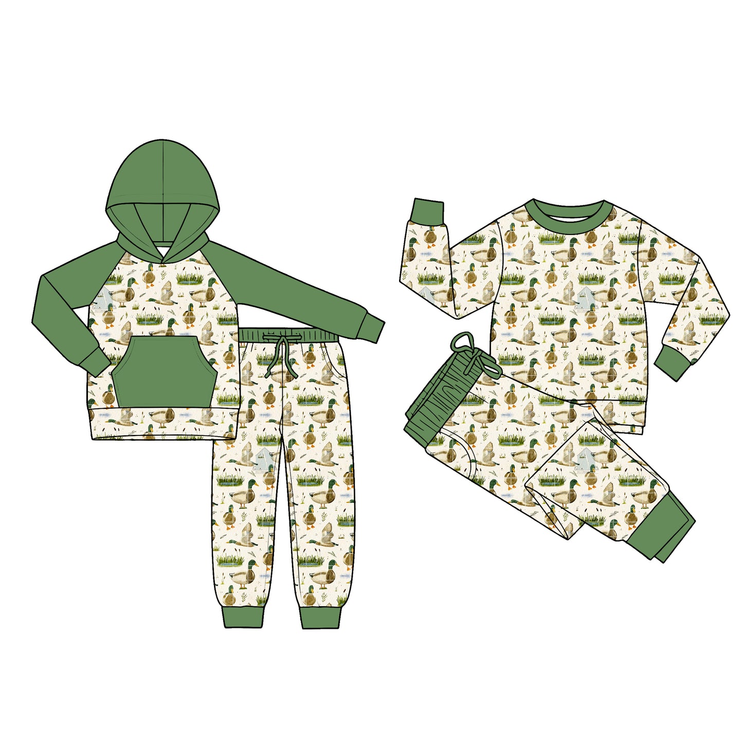 ( Moq 5 Each Style ) Sibling Baby Boys Kids Long Sleeves Ducks Green Shirts Pants Sets Clothes