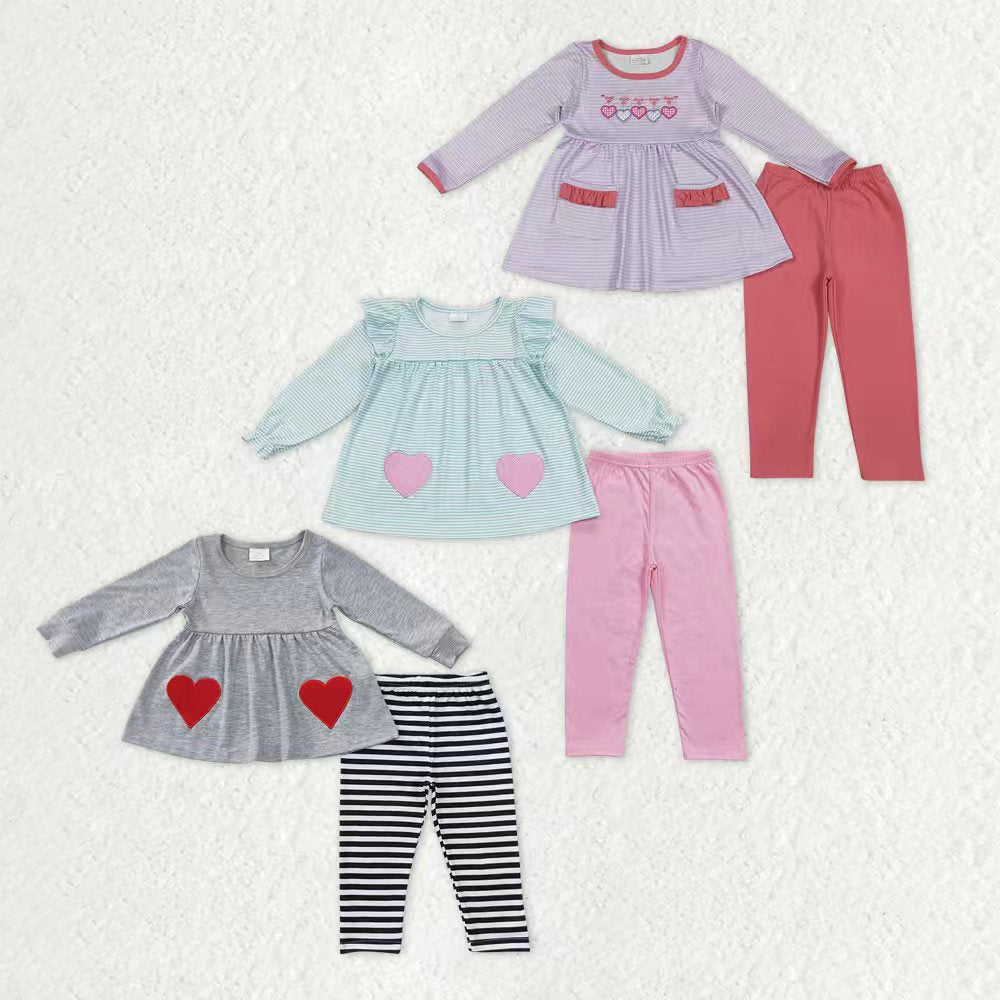 Sibling Baby Girls Long Sleeves Embroidery Hearts Tunic Leggings Pants Valentine Sets RTS