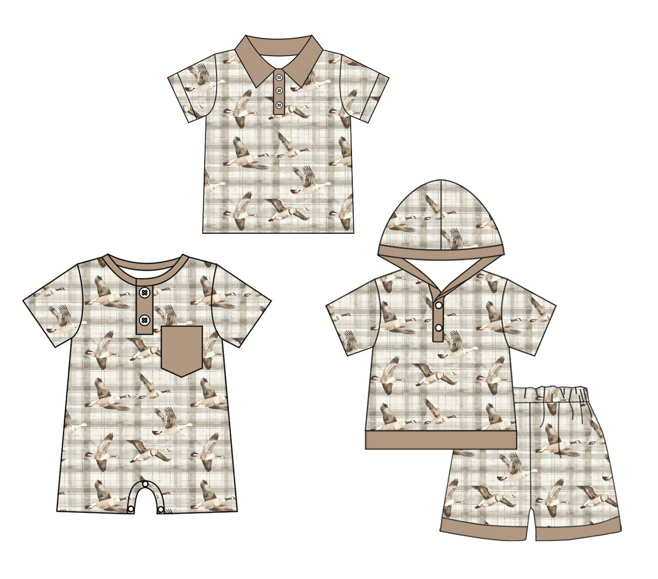 Baby Boy Short Sleeves Sibling Ducks Plaid Romper Clothes Set ( Moq 5 Each Design )11.26