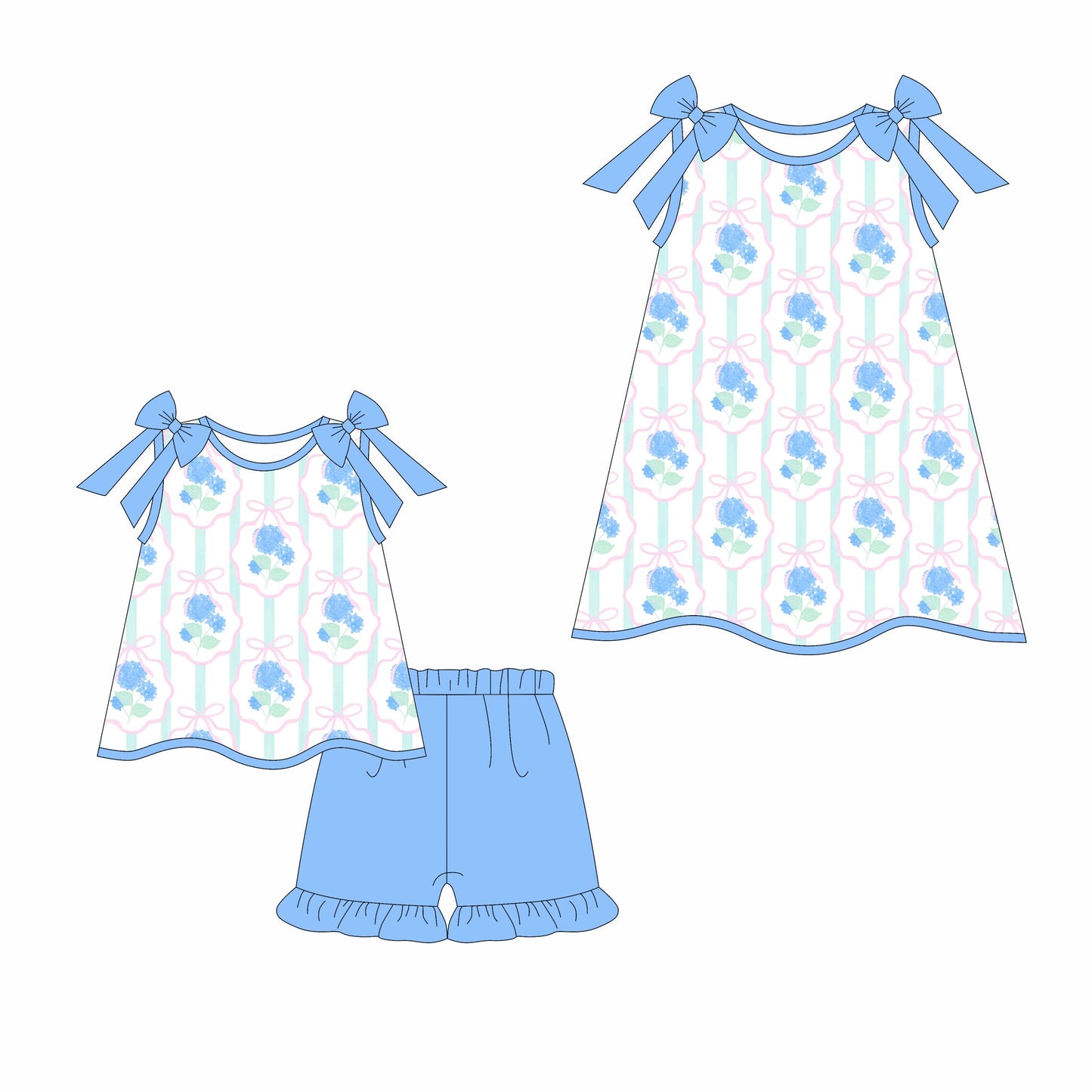 Baby Girl Blue Straps Flower Bows Sibling Dress Set ( Moq 5 Each Style ) 3.17