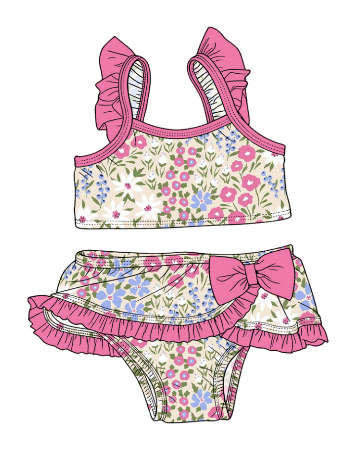 ( Moq 5 Each Style ) Sibling Baby Girls Kids Flower Tops Ruffle Shorts Bows Sets Summer Swimsuits