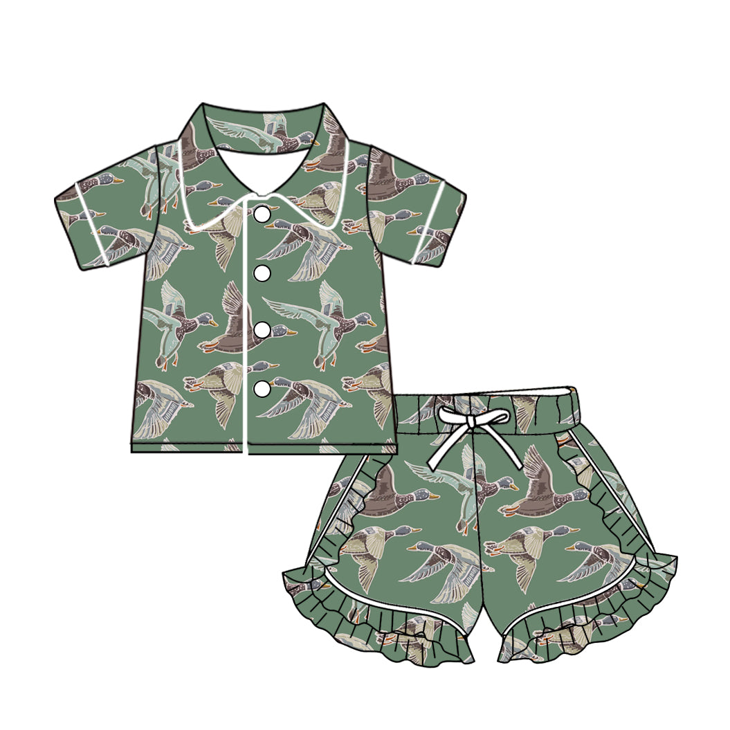 Baby Girl Short Sleeves Duck Green Buttons Short Summer Pajamas Clothes Set Moq 5