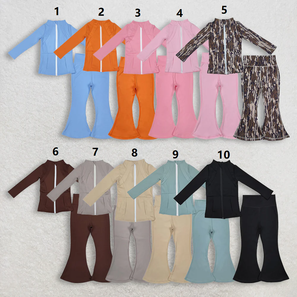 ( No. 6-10 ) Sibling Baby Girls Long Sleeves Zipper Pockets Jackets Bell Pants Yoga Active Sets RTS