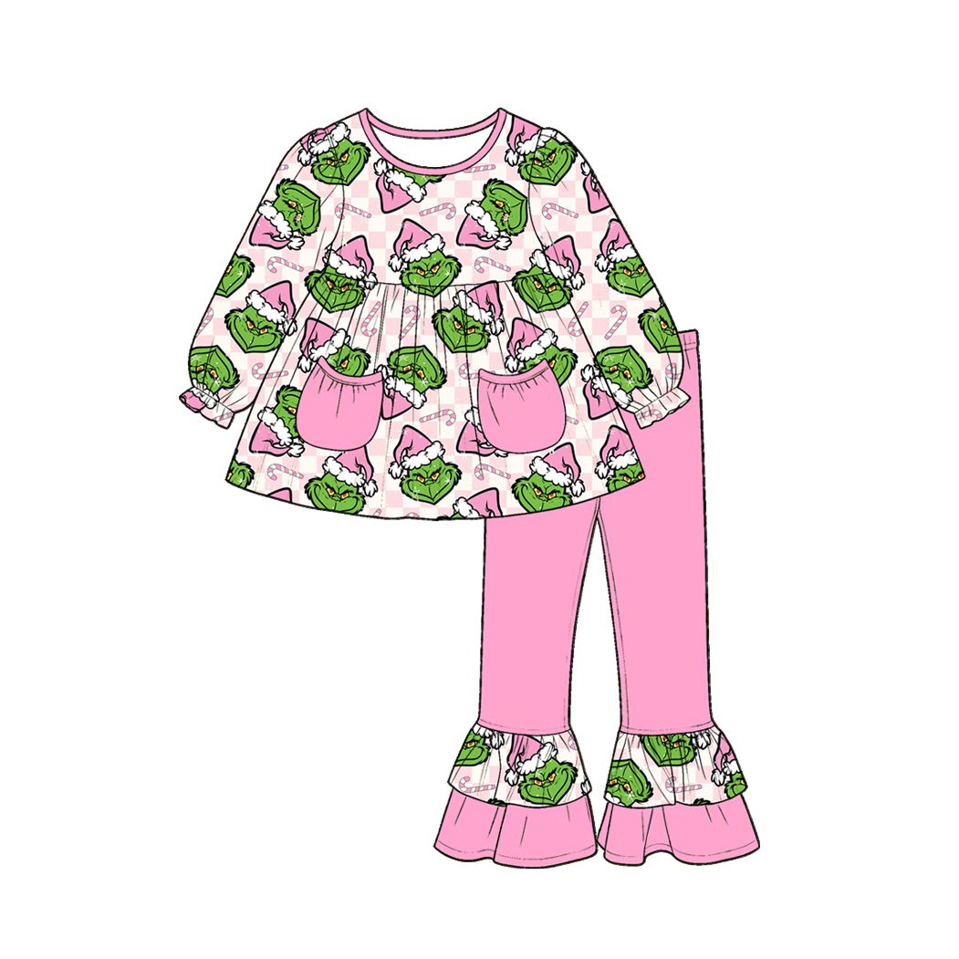 ( Moq 5 ) Preorder Baby Girl Kids Christmas Face Plaid Pockets Tunic Pink Pants Set Clothes