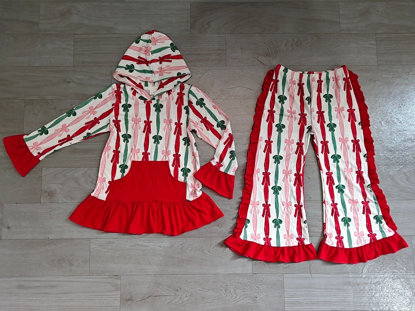 ( No moq ) Preorder Baby Girls Kids Christmas Bows Stripes Hoodie Pocket Hoodie Ruffle Pants Set Clothes