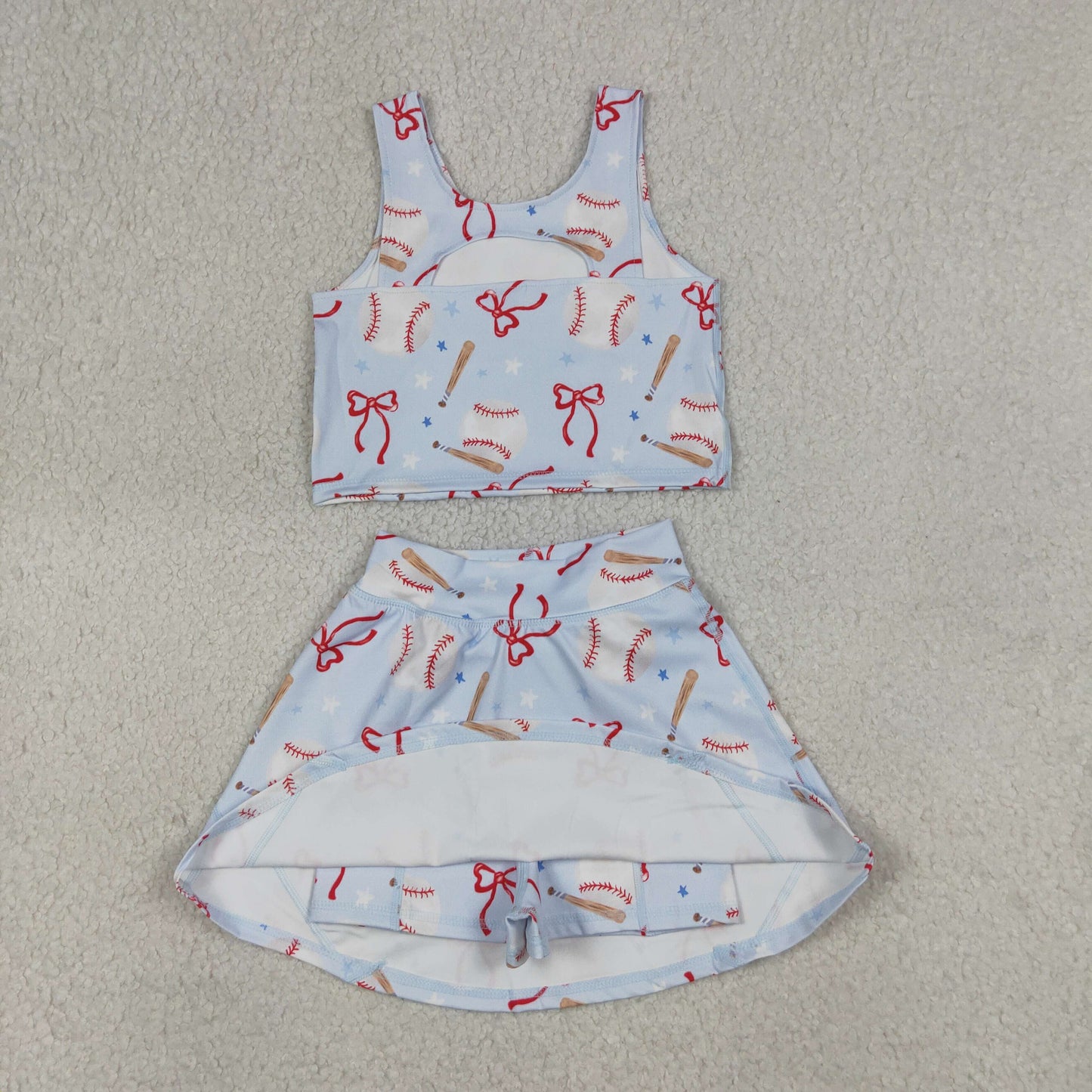 Baby Girls Kids Baseball Bows Tops Blue Skirt Shorts Yoga Summer Set RTS