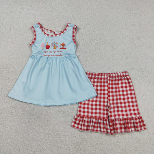 Baby Girls Kids Sleeveless Blue Tunic Red Plaid Ruffle Shorts Set RTS