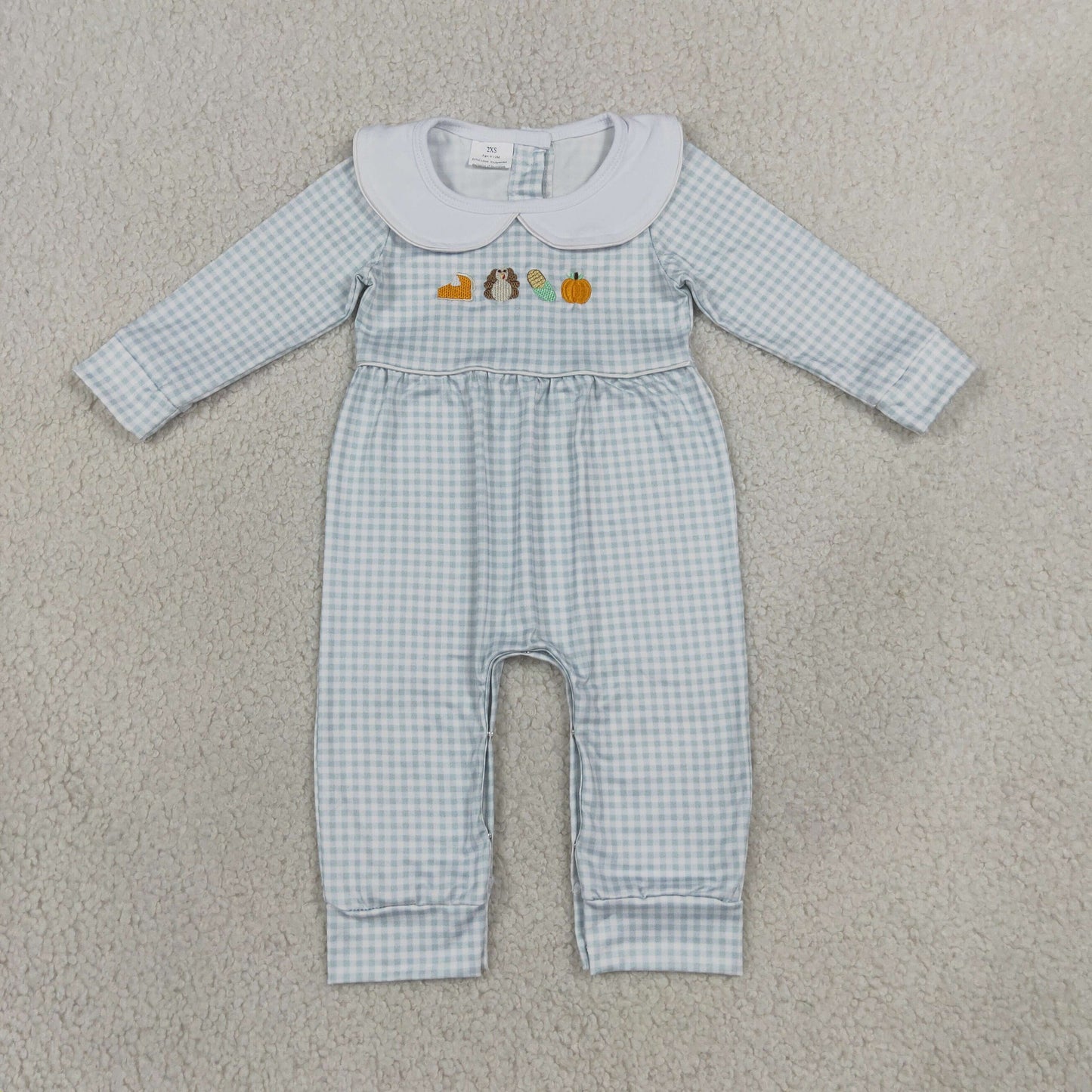 Baby Boy Infant Embroidery turkey Pumpkin Plaid Romper Fall Clothes RTS