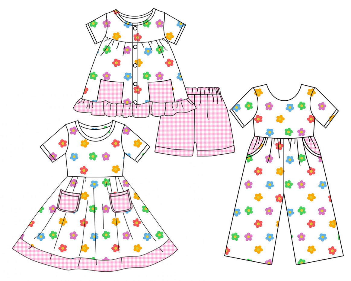 Baby Girl Short Sleeves Flower Pockets Sibling Jumpsuit Dress Set ( Moq 5 Each Style ) 3.17