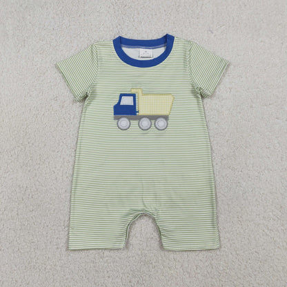 Sibling Baby Boys Kids Short Sleeves Embroidery Truck Stripes Shirt Blue Shorts Set Romper RTS