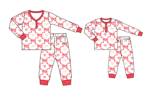 Baby Girl Toddler Adult Women Long Sleeves Valentines Hearts Bows Pants Sibling Family Shorts Pajamas Set ( Moq 5 Each Style )11.26