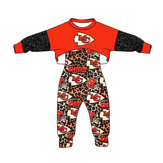 Baby Girl KC Red Top Team Leopard Jumpsuit Clothes Set
